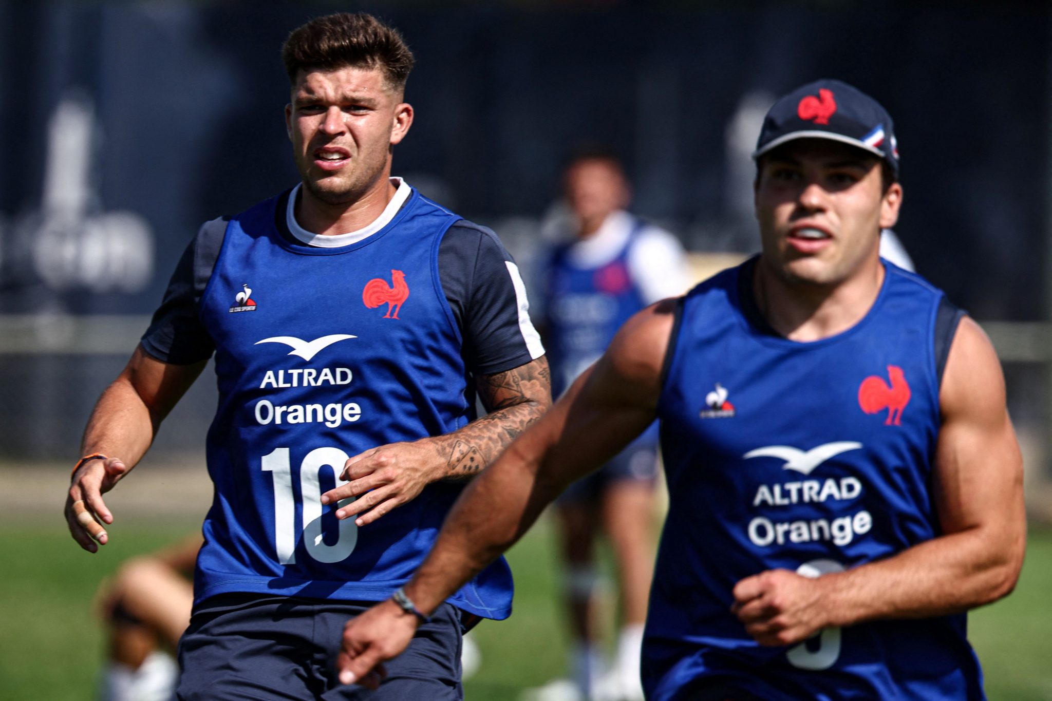 Matthieu Jalibert and Antoine Dupont in training for the upcoming 2023 Rugby World Cup